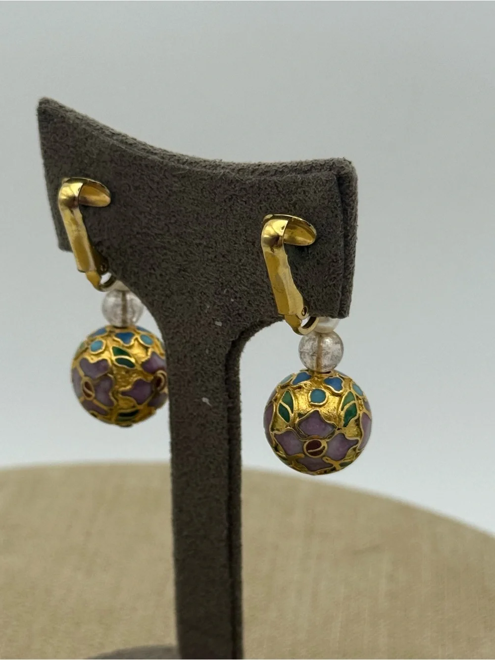 Vintage Gold-Tone Floral Cloisonné Drop Earrings with Pink and Green Accents